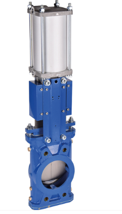 Zasuwa nożowa S-GATE 174 PN pod silos, korpus żeliwny, nóż ze stali nierdzewnej, uszczelnienie metalowe, siłownik pneumatyczny – zawór do transportu proszków i materiałów sypkich.